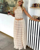Fashion Solid Hang Neck Long Skirt Suit Women Backless Sling Top Lace Up Fold Maxi Skirts Spring Summer Female 2 Piece Set