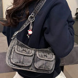 Pbong  Stylish Washed Denim Messenger Bag, Y2K Style Underarm Purse with Balloon Dog Charm Commuter Handbag Shoulder Bag for Women