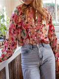 Pbong  Fashion Street Ruffle Top Retro Printed Round Neck Shirt Spring and Autumn Casual Loose Women's Shirt