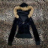 Pbong  Y2K Velvet Zipper Hoodie with faux fur collar, pink slim fit hoodie, casual winter streetwear, retro women's coat