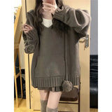 Lazy All Macth Harajuku Knitted Hoodies Solid Y2k Aesthetic Loose Japan Punk Vintage Pleated Skirts Loose Sweaters Two Piece Set