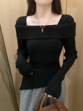 Off Shoulder Sweater Long Sleeve Ribbed Knit Sweater Fitted Pullovers Women Off-the-Shoulder Jumper Autumn Winter Outfit