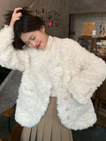 Women Sweet Cute Faux Lamb Coat Winter Warm Thick Slim Long Sleeve Vintage Jacket Korean O Neck Elegant Pearls Buttons Tops New