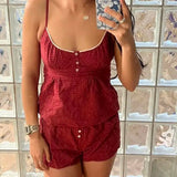 Red Plaid Buttons Tank Shorts Set Woman Back Lace-up Lace Trim Slim Camis+Elastic Waist Sweatshorts Sweet Cotton 2 Piece Sets