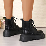 Pbong  Women's Black Platform Combat Boots Fashion Lace Up Zipper Pu Leather Short Boots Woman Thick Sole Non Slip Autumn Winter Shoes