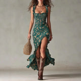 Pbong  Sexy Spaghetti Strap Long Dresses For Women Summer Fashion Sleeveless Square Collar Floral Print Party Dress Elegant