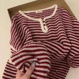 Pbong  Fresh Autumn New Loose round Neck Long Sleeve Knitted Sweater Women's Lazy Style Stripe Base Layer Sweater Versatile Top Women