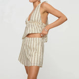 Pbong  Womens 2Pieces Striped Loungewear Set Tie-Up Halter V-Neck Sleeveless Backless Tank Tops+Elastic Waist Shorts Outfits