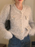 Vintage Temperament Bead Sweater Women Autumn Winter Tops O Neck Knitting Cropped Cardigan Korean Fashion Suéteres