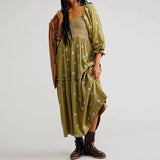 Pbong  Bohemian Floral Dress Women Square Neck Ruffle Swing A Line Maxi Dress Long Sleeve Beach Style Holiday Lady Club Party Dress