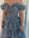 Pbong  Classic Exquisite Modern Style Organza Pattern Tiered Sequined Ball Boat Neck Long Dresses Cocktail Dresses Formal Fa formal dress