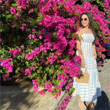 Summer New Women's Patchwork Striped Fashion Long Dress Square Collar Loose A-line Lace Up Vacation Beach Women Dresses