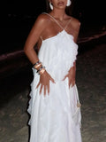 Elegant White Ruffles Edge Backless Long Dresses Women Sexy Off Shoulder Loose Maxi Dress Fashion Beach Vocation Party Robes