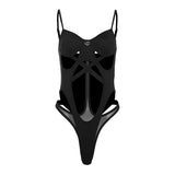 Black Bandage Hollow Out Sexy Cyber Y2k Bodysuits Gothic Techwear Mesh Patchwork Tops Female Glove Sleeve Mock Neck Bodysuit