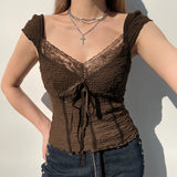 Lace-up Lace Patchwork Y2K Top Short Sleeve Summer Casual Cute Clothes Vintage Tank Tops Coquette T-shirt Women Tees