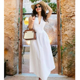 White Deep V-back Hanging Neck Sexy Long Dress High Waist Vacation Beach Summer Dress Fashion Solid Color A-line Party Dress