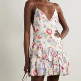 Pbong  Floral Print Mini Dress Summer Holiday Chic Dress Women Spaghetti Straps V-neck Ruffles Tiered Party Ladies Dresses