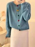 Japanese Sweet and Fresh Round Neck Colorful Button Knitwear Coat Academy Style Western Versatile Sweater Women's Cardigans