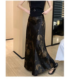 Retro Tie Dye Satin Long Skirts Women Elegant Korean Vintage Slim Trumpet Skirt Casual Summer Sweet Comfortable Long Skirt