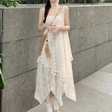Seaside Vaion Suspender Dress Summer Fresh Sweet Tassel Splicing Fake Two-piece Temperament Skirt
