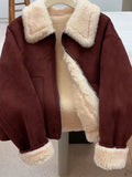 Faux Lamb Suede Jacket Women Winter Warm Long Sleeve Vintage Cotton Coat Korean Casual Lady Thick Long Sleeve Retro Tops