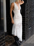 Lace Ruched Sexy Maxi Dress Women Gown White Patchwork Deep V Neck Sleeveless Backless High Waist Long Tank Dress