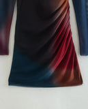 Women Fashion Gradient Color Print Mesh Yarn Slim Mini Dress Female Chic Long Sleeve Pleats Design Party