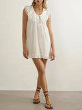 Pbong  White French Casual Loose Mini Doll Dress for Women Ruffled Collar Sleeveless Lace Accent for Summer Beach Getaways
