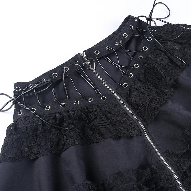 Goth Dark Lace Patchwork Mall Gothic Pleated Skirts Grunge Aesthetic Punk Bandage Zip Up Mini Skirt Women Streetwear Alt Clothes