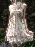 2000s Harajuku Vintage Lolita Strap Dress Y2k Japan Style Kawaii Sweet Print Floral Short Party Dress One Piece Dress Korean