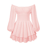 Pbong  Women's Loose Playsuit Puff Long Sleeve Square Neck Ruffle Short Romper Dress Spring Fall Casual Elegant Overalls