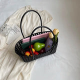 Small Solid Color Weave Tote Bags for Women Fashion Summer Shoulder Bags Simple Handbags Hollow Out Beach Bag