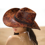 Women Men Cowgirl Hat Retro Synthetic Leather Sun Protection Holiday Beach Hiking Cap
