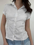 White Stripe Puff Short Sleeve Button Shirts For Women Basic Simple Casual Seumme Preppy Tops Y2K Korean Clothes