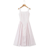 Pbong  Sexy Yellow White Plaid Square Collar Sling Midi Dress Women Cross lacing Up Back Low Waist Ruched Swing Tank Dresses Robe