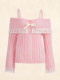 Grunge Aesthetics Pink Pullover Sweet y2k Vintage Off Shoulder Knit Sweater Long Sleeve Bow Lace Patchwork Jumpers Streetwear