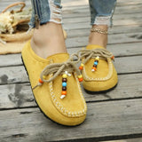 Pbong  Women New Slip-On Loafers Soft Bottom Suede Ethnic Style Flats Beaded Lace Up Casual Shoes Fashion Slippers Fashion