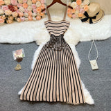 Chic Fashion Vintage Spaghetti Straps Stripes Patchwork Knitted Dress Spring Summer Women Casual Long Sweater Dress