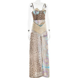 Leopard Print Sexy Maxi Dress For Women Lace Gown Patchwork Chiffon Sleeveless Backless Slit Dress Female Vacation Beach Dresses