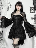Y2K Gothic Black Lace Mesh See Through Flared Sleeve Smock Vintage Elegant Aesthetic Chains Women Fashion Tops Autumn
