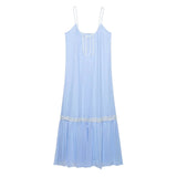 Vacation Beah Style Loose Blue Women Dress Lace Patchwork Embroidery Fashion Summer Dress 2025 New Simple Pleat Dress For Summer