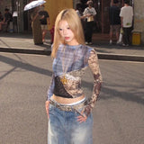 Japanese Y2k Patchwork Mesh Tops Trashy 2000s Lace Sheer Top Grunge Aesthetics Irregular T-shirt Vintage Harajuku Korean