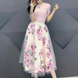 Pbong  Cute Fresh Chiffon Skirt Short Sleeve Bowknot Tops Floral Mid-length High Waist Slim 2-Piece Suit Shirt Elegant