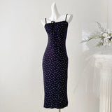 Pbong   Dark Blue Floral Dress Short Sexy Lace-up Bow Squared Collar Mini Dress Korean Chic Hot Girl Summer Beach Spaghetti Strap Dress