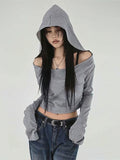 Vintage Hoodie Long sleeve T shirt Women Y2k Gray Off shoulder Top Sexy Cropped Tees Shirt Basic Blouse 2025 Fashion Streetwear