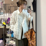 American Vintage Shirts Turn Down Collar Solid Color Ruffles Patchwork Design for Women Loose All Match Spring Autumn Clothing