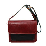 Retro Oil Pu Leather Contrasting Color Autumn Wide Shoulder Strap Single Shoulder Crossbody Small Square Bag for Women