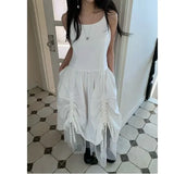Chic Design Sensation Drawstring Mesh Lined Strap Dress Women's Fashionable Mid-Length Skirt Korean Style A-Line Dress
