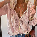 Women's Retro Ethnic V-Neck Lace Chiffon Shirt Casual Loose Office Top Spring Fashion Ladies Tops