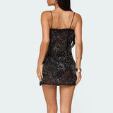 Pbong  Women Summer Flower Sequins Embroidery Ruffles Square Neck Sleeveless Bodycon High Split Short Cami Dress with Scarf